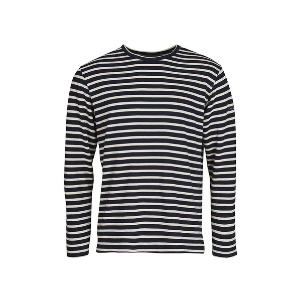 White and Black Horizontal Striped Long Sleeve T-shirt with Beige